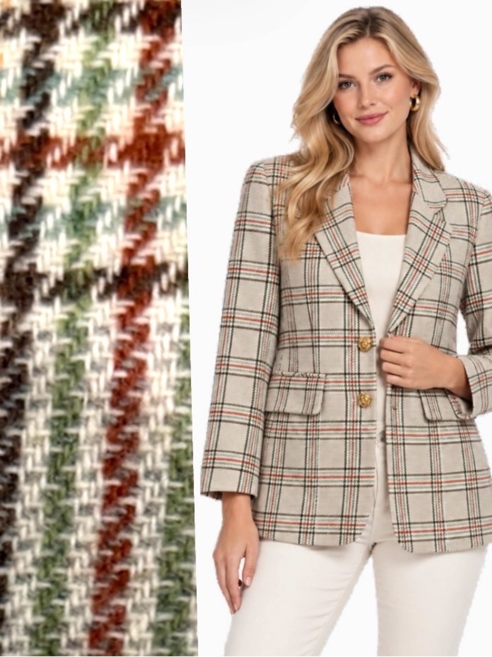Beverly, Plaid Blazer Jacket Buttons Cream Green Rust Classic Preppy, Size M